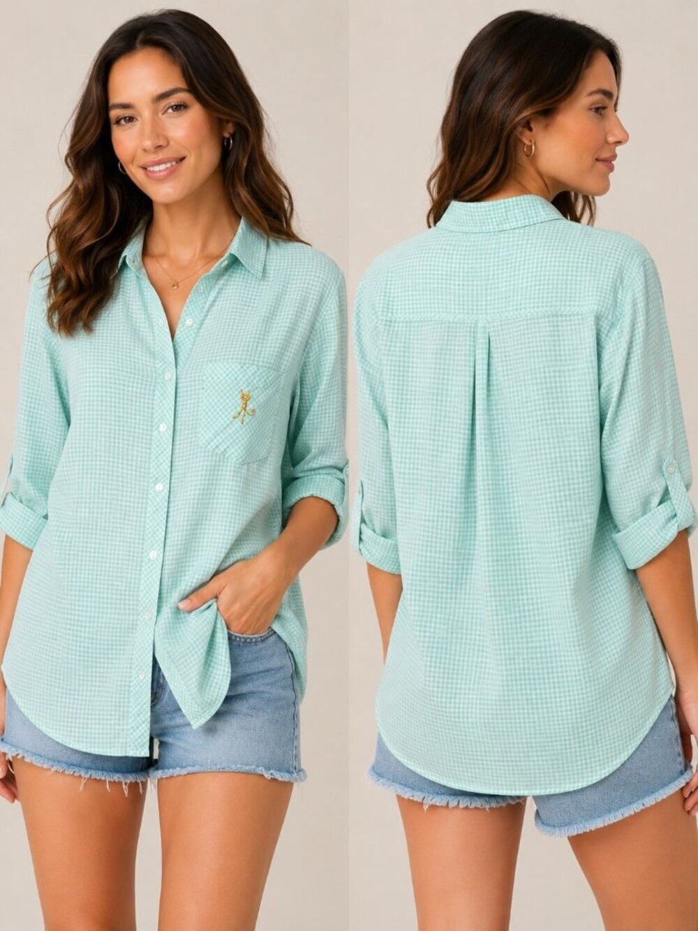 Munki Munki Womens Aqua Gingham Shirt W/Monkey Pocket Embroidery S/M